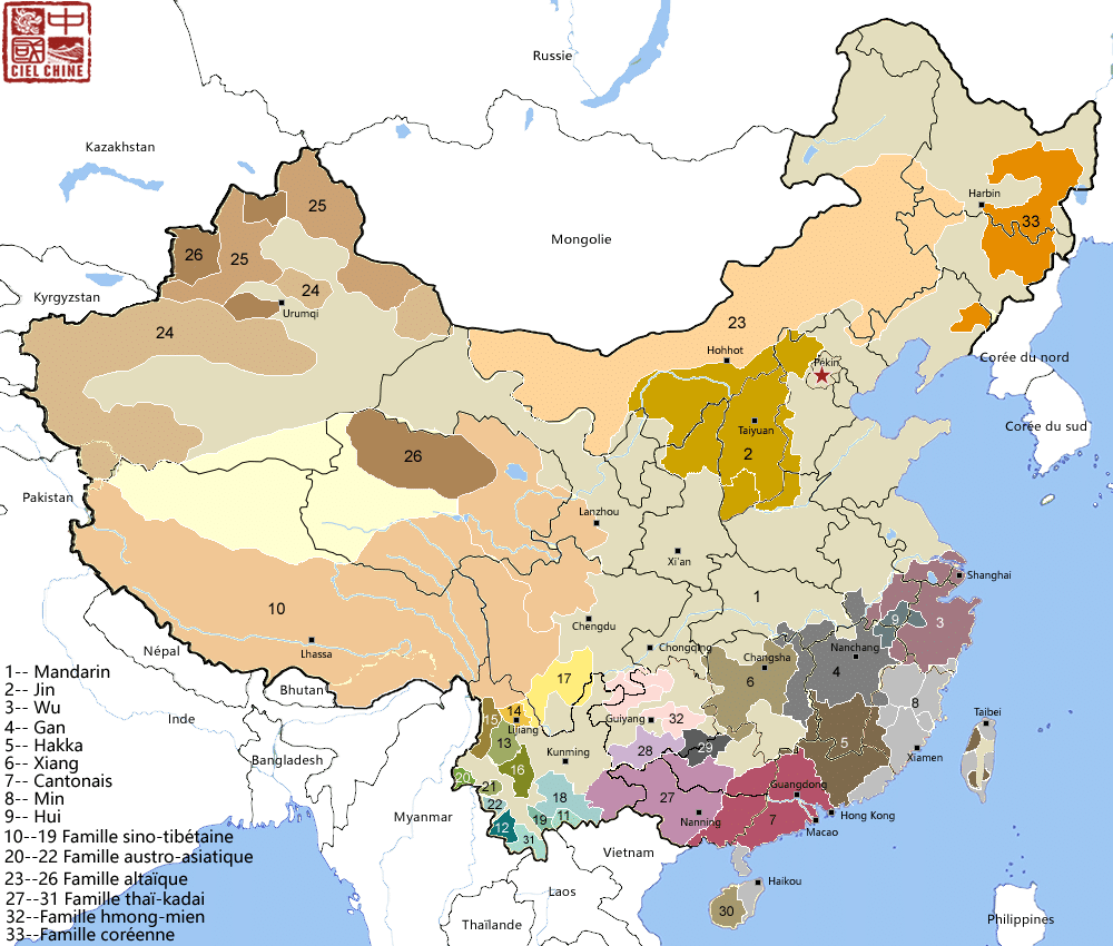 Carte des langues parlées en Chine